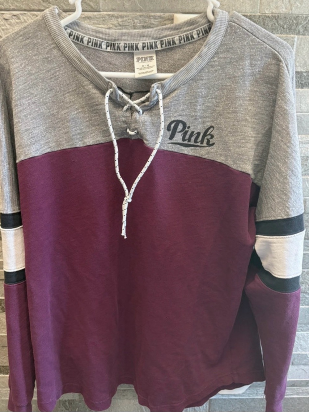 PINK Victoria's Secret Gray and Plum Lace-Up Colorblock Pullover